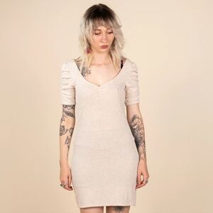 Beige Soft Pink Glitter Texture Bodycon Mini NYE Dress Runched Cocktail Stretch